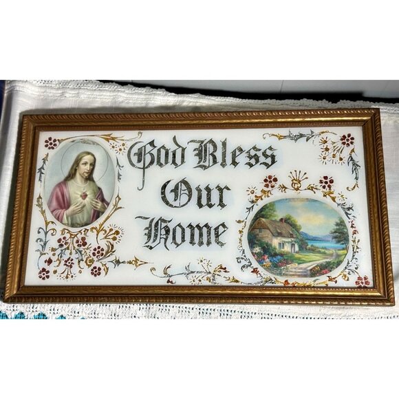 Antique"God Bless Our Home" Framed Religious Art Blessin Jesus Landscape 1930'